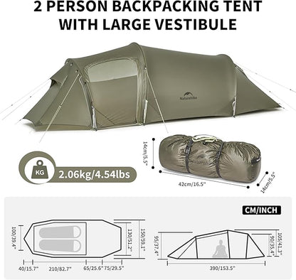 Naturehike Opalus 2/3 Person Tunnel Tent, Lightweight Backpacking Tent with Vestibule, Double Wall 4 Season Tents for Camping