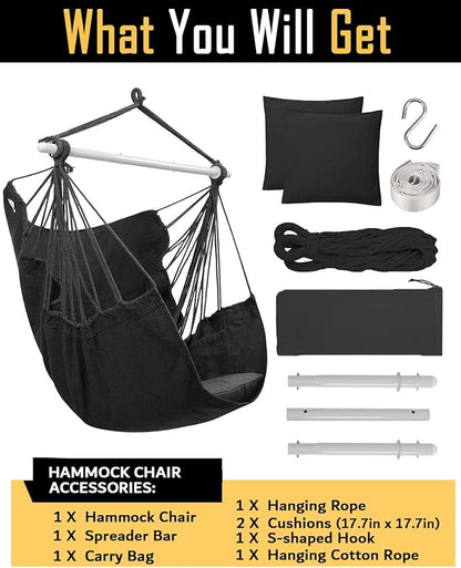 ADVOKAIR Hammock Chair Swing (500 lbs Max-2 Cushions) - Hanging Hammock Chair Rope Swing Indoor for Bedroom, Outdoor, Patio, Bedroom, Porch, Deck - Sturdy Steel Bar with Anti-Slip Safety Rings