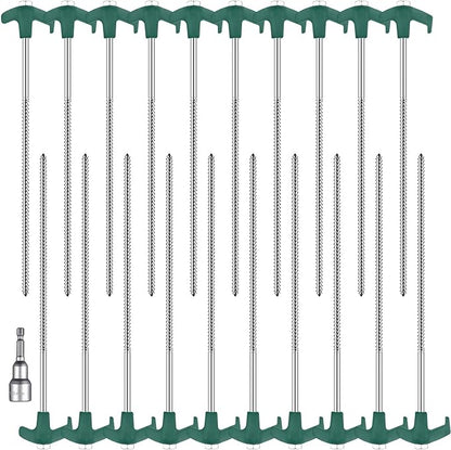 Hicarer 12 Inch Tent Stakes Screw in Camping Stakes Heavy Duty Metal Stake Ground Anchor Peg Threaded Tent Spikes with Hex Head Driver for Camping Garden Inflatable