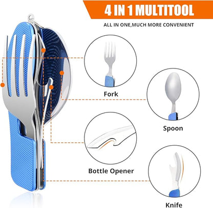 HIKENTURE Camping Utensils 2 Pack,4-in-1 Stainless Steel Spoon, Fork, Knife, and Bottle Opener Combo - Lightweight and Portable Travel Eating Silverware for Hiking, Backpacking, Boy Scout(Blue 2pack)