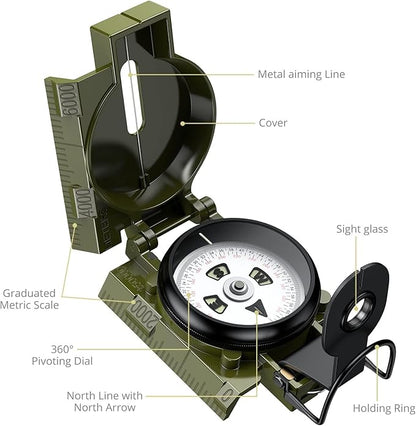 Compass Hiking with Clinometer, Strong Magnetic Intensity 3000 Gauss Professional Military Compass Waterproof Lensatic with Carry Bag, for Navigation Hiking Camping Hunting