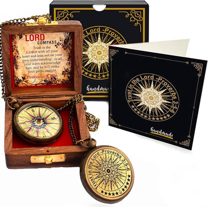 Trust in The Lord with All Your Heart -Proverbs 3: 5-6 Quote Engraved Compass with Wooden Box, Birthday, Baptism, Communion, Christmas, Graduation Day Gifts 2025 Compass for Women Mens Boy Girls
