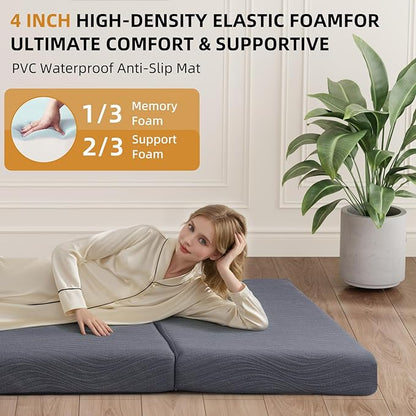 Memory Foam Camping Mattress Pad, 4 Inch Thick Waterproof Foldable Sofa Bed Floor Mattress, Portable Sleeping Pad for Adult, Sleeping Mat for Travel RV Camping Guest Yoga