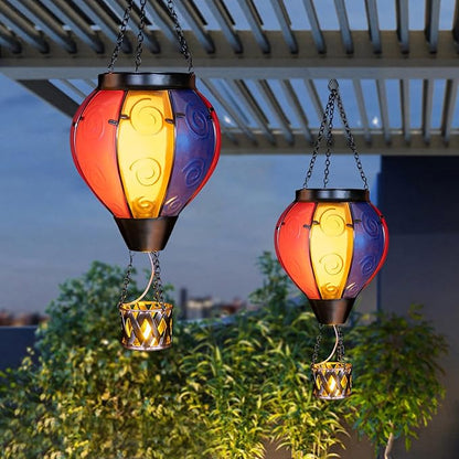 Hot Air Balloon Solar Lantern with Candle Holder Solar Hot Air Balloon Flickering Flame Hanging Garden Light Waterproof Glass Hot Air Balloon Solar Lamp Decorative for Lawn Porch Tree Yard