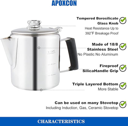 Multi Use Percolator Coffee Pot Stainless Steel Stove Top Coffee Maker with Two Tough Borosilicate Glass Knob Silica Handle Camping Coffee Pot Using on Campfire Stove & Induction Cooker Silver 6 Cup
