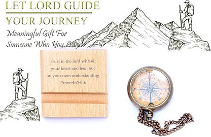 Trust in The Lord with All Your Heart - Proverbs 3: 5-6 Quote Engraved Compass with Wooden Stand, Christian Gift for Men for Women God's Compass Baptism Gifts | Graduation Gifts 2025 | Desk Decor