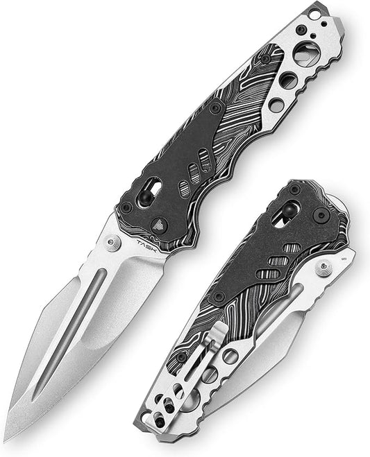 '-Intruder-03BW｜Heavy Folding Pocket Knife for Men，Outdoor Camping EDC Knives with Clip ，4.29" Stonewash 14C28N Steel Blade ，Brass Washer，Ti & Damascus G10 Handle