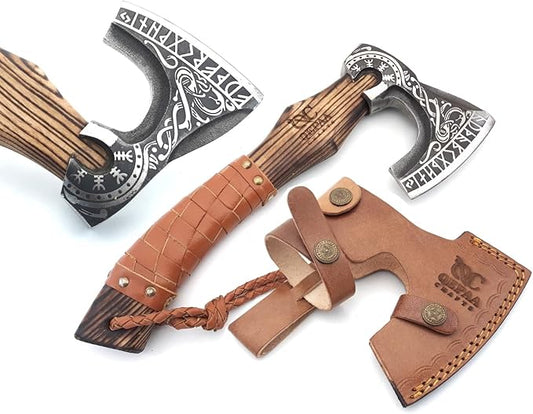 13” Inch Viking Axe- Ash Wood Handle Hatchets and Axes with Leather Wrap, Wood Splitting Axe, Camping Axe, Throwing Axes and Tomahawks - Gift for Father’s day, Husband(Rare Viking)