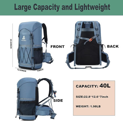 Bseash 40L Waterproof Hiking Backpack with Rain Cover, Outdoor Sport Travel Bag Daypack for Camping Climbing Skiing Cycling (Light Blue)