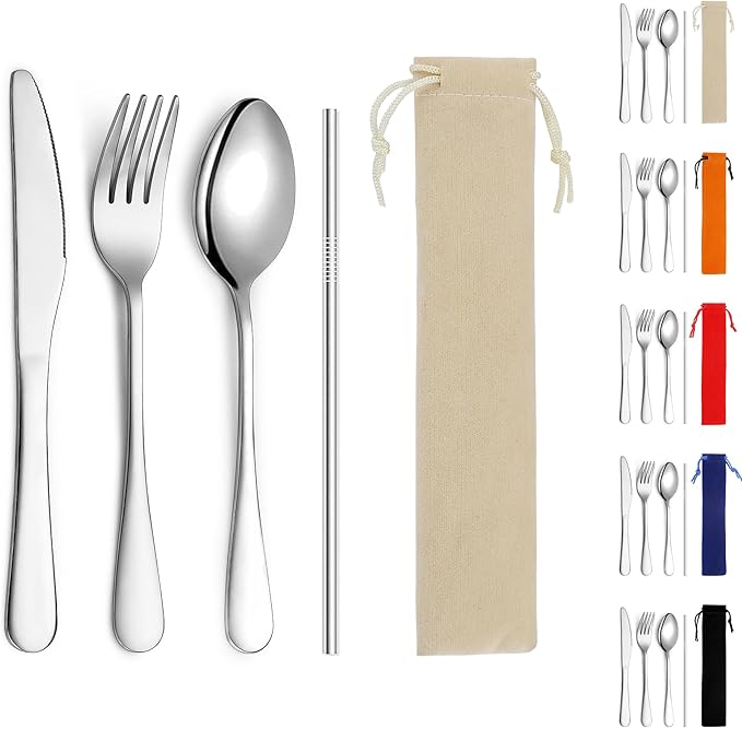 Kyraton Camping Silverware Set 4 Pieces with Portable Base, Stainless Steel Flatware Camping Utensil Set Travel Cutlery Set for Outdoor Picnic Office School Farm Work Lunch Box