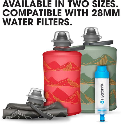 HydraPak Mountain Stow (500ml, 17oz) - Collapsible Water Bottle - Ultralight & Packable Travel Bottle, Flexible Ski, Hike, Bike or Climb Squeeze Flask - Sutro Green