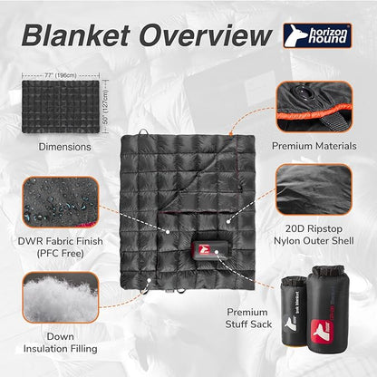 Horizon Hound Down Camping Blanket - Outdoor Travel Blanket | Sustainable Insulated Down | Lightweight & Warm Quilt for Camping, Stadium, Hiking & Festival | Water Resistant, Packable & Compact
