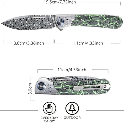 Sitivien ST256 Damascus Steel Folding Knife,Damascus Blade with Colorful G10 Handle EDC Knife for Outdoor Camping,Hiking, Fishing(Green) … …