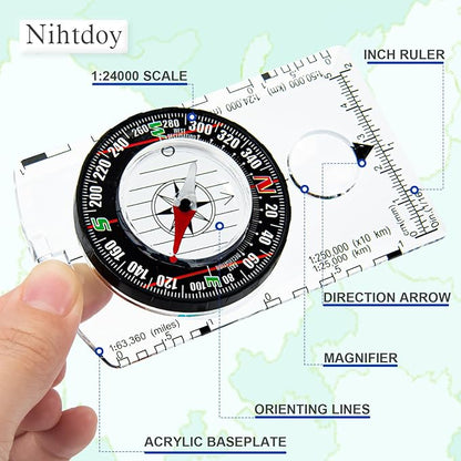 Multipurpose Outdoor Compass for Hiking, Scouting, Camping, and Navigation - Liquid-Filled, Transparent Base with Measuring Scales, Durable and Compact