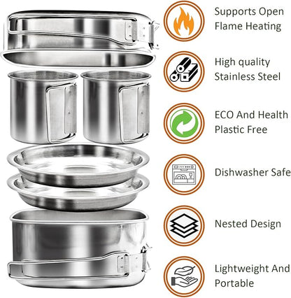 Backpacking Camping Cookware Mini Picnic Camping Cooking Mess Kit, Stainless Steel Pots Pan Plates Set for Hiking, Backpacking, Bushcraft and Picnic, Camping, Included Carry Bag