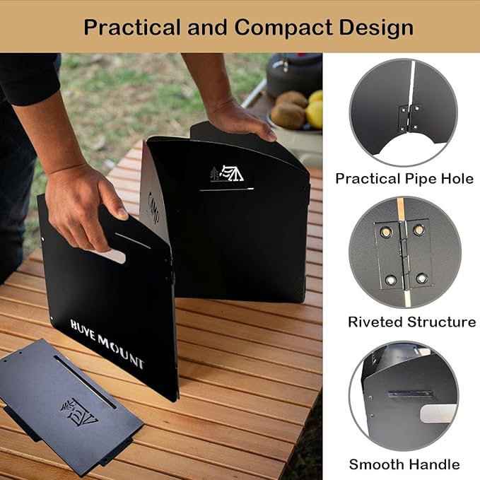 Stove Windscreen - Folding Camping Stove Windshield 4 Plates Stainless Steel Stove Windscreen with Shelf Board for Outdoor, Picnic, Backpacking and Cooking Black