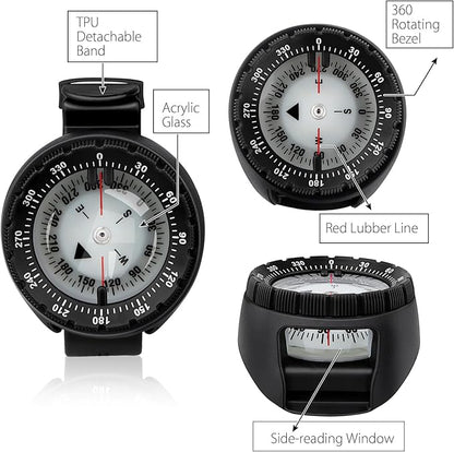 Scuba Compass, Professional Waterproof 5ATM Dive Wrist Compass with TPU Band for Outdoor Sports Diving, Sailing, Hiking, Survival Emergency