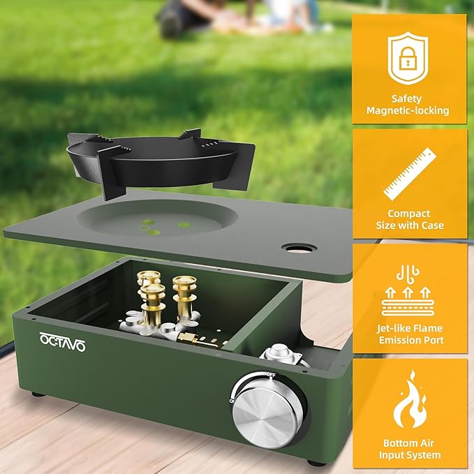 OCTAVO 12,000 BTU Butane Countertop Stove with Carrying Case, Jet-like Flame Output Small Portable Camping Stove, Electronic Ignition, Mini Butane Gas Stove for Camping, Picnic, Outdoor