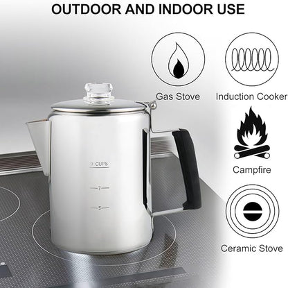 Multi Use 9 Cup Coffee Pot Bundle Coffee Percolator with 2 Mugs Stainless Steel Coffee Maker with Two Heat Resistant Borosilicate Glass Knob Fireproof Silica Handle Using on any Stovetop