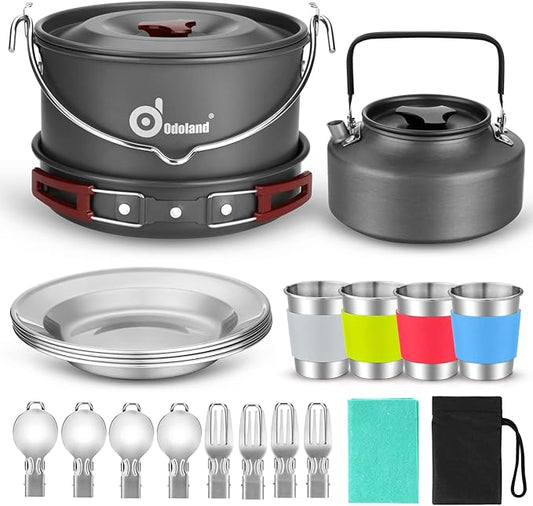 Odoland 22pcs Camping Cookware Mess Kit, Large Size Hanging Pot Pan Kettle with Base Cook Set for 4, Cups Dishes Forks Spoons Kit for Outdoor Camping Hiking Picnic