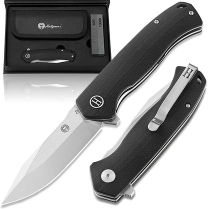 Holtzman's Gorilla Survival Folding Knife D2 Steel Blade G10 Handle Pocket Knife EDC Giftset for Men and Women (half stonewashed half silver blade + black handle)