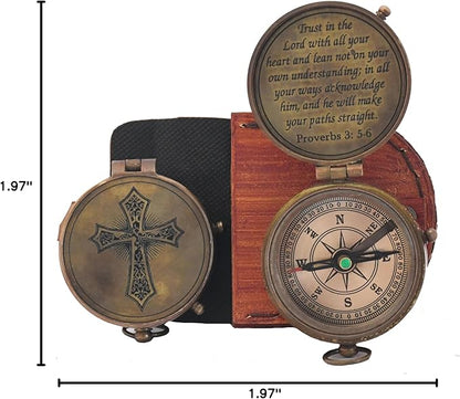 Trust in The Lord with All Your Heart -Proverbs 3: 5-6 Quote Engraved Compass with Leather Box, Compass Gift, 2023 Graduation Day Gifts- Baptism Gifts Compass