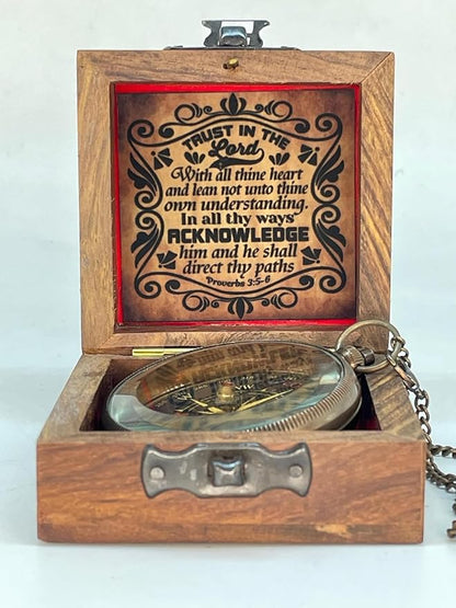 Brass Compass Engraved “Trust in The Loard” Compass is Unique Birthday Gifts for Men, Husband or Wife Customize Antique Compass is a Classy Gifts, with a Wooden Box.