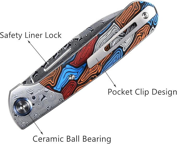 Sitivien ST256 Damascus Steel Folding Knife,Damascus Blade with Colorful G10 Handle EDC Knife for Outdoor Camping,Hiking, Fishing(Color) … …