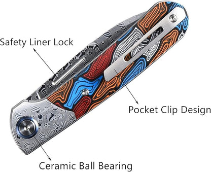 Sitivien ST256 Damascus Steel Folding Knife,Damascus Blade with Colorful G10 Handle EDC Knife for Outdoor Camping,Hiking, Fishing(Color) … …
