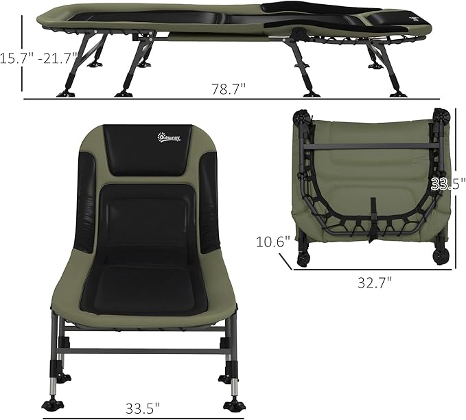 Outsunny Camping Cot for Adults, Folding Bed with Soft Padded Cushions & Headrest, 180° Adjustable Reclining Lounger, Heavy Duty and Portable with a 400 lbs. Capacity, Dark Green
