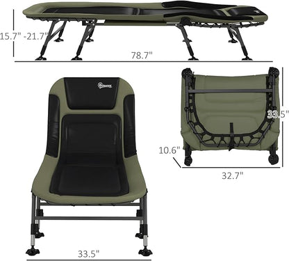 Outsunny Camping Cot for Adults, Folding Bed with Soft Padded Cushions & Headrest, 180° Adjustable Reclining Lounger, Heavy Duty and Portable with a 400 lbs. Capacity, Dark Green