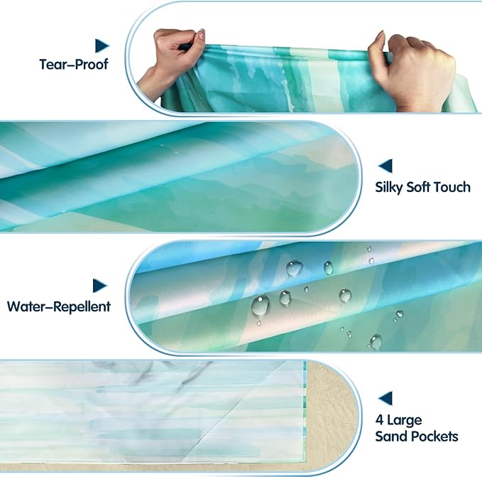 Sunlit Soft 106"x81" Sand Proof Beach Blanket Sand Free Beach Mat with Corner Pocket and Mesh Bag for Beach Party Travel Camping and Outdoor Music Festival, Watercolor Painting Ombre Green