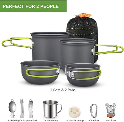 G4Free Camping Cookware Mess Kit 19 Pieces Hiking Backpacking Picnic Cooking Bowl Non Stick Pot Pan Knife Spoon Set 19PCS (Green)