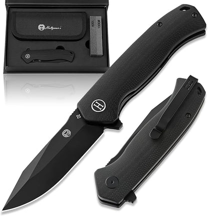 Holtzman's Gorilla Survival Folding Knife D2 Steel Blade G10 Handle Pocket Knife EDC Giftset for Men and Women (black blade + black handle)