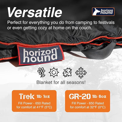Horizon Hound Down Camping Blanket - Outdoor Travel Blanket | Sustainable Insulated Down | Lightweight & Warm Quilt for Camping, Stadium, Hiking & Festival | Water Resistant, Packable & Compact