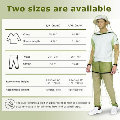 HENNCHEE Mosquito Suits for Adults, Mesh Net Bug Jacket Pant Suit, Outdoor Full Body Protection Mosquito Proof Clothing
