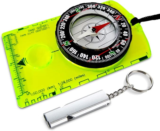 Posinly Advanced Orienteering Compass - Survival Whistle, Map Reading Field Compass for Camping, Hiking & Navigation, Great for Kids
