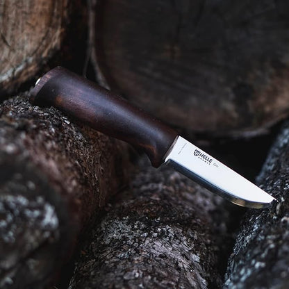 HELLE Knives - Gro- Fixed Blade Knife - Birch Wood Handle - Stick Tang- Camping, Hunting - 12C27 Stainless Steel - Leather Sheath - Made in Norway