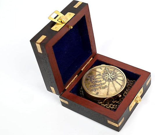 Brass Nautical - Not All Those Who Wander are Lost Brass Gift Embossed Compass with Wooden case, Graduation Day Baptism Communion Confirmation Day Motivational LOTR J.R.R. Tolkien (Wooden Box)