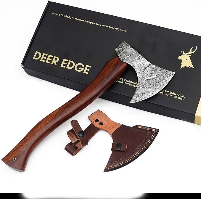 Damascus Axe | Wooden Axe | Axe with Leather Sheath | Wooden Handle