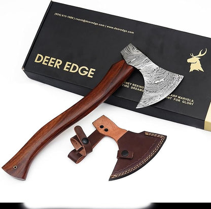 Damascus Axe | Wooden Axe | Axe with Leather Sheath | Wooden Handle