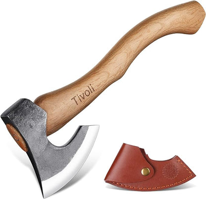 Tivoli 15 Inch Camping Axes and Hatchets, Bushcraft Axe for Wood Splitting and Kindling,Hand Forged Carbon Steel Chopping Axes Ash Wood Handle with Sheath for Camping and Survival
