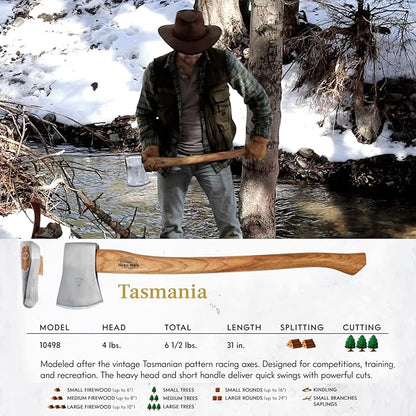 1844 Helko Werk Germany Classic Tasmania Competition Axe - Made in Germany Timber Sporting Axe, Wood Chopping Axe, Racing Axe for Timber Sport - Head 4lbs, Handle 31in (Tasmania) #10498
