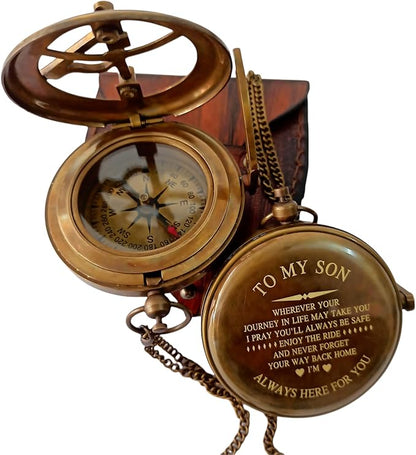 to My Son Compass Personalized Sundial Compass with Leather Case/Gift for Son/to My Son Gifts/Mom to Son Gift/Dad to Son/Grandson Gift, Directional Magnetic Sundial Compass