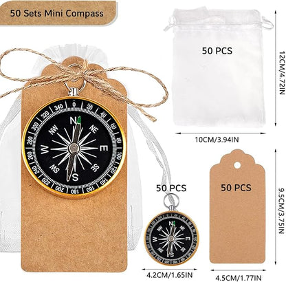 50 Sets Mini Compass Favors-Joyfulmap Compass Favors with Kraft Tags and Drawstring，Mini Compass Decorations for Weddings-Travel-Nautical-Birthday Themed Party Decorations(Golden)