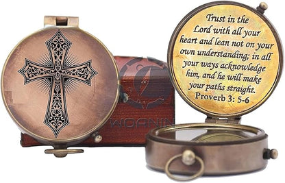 Trust in The Lord with All Your Heart -Proverbs 3: 5-6 Quote Engraved Compass with Leather Box, Compass Gift, 2023 Graduation Day Gifts- Baptism Gifts Compass