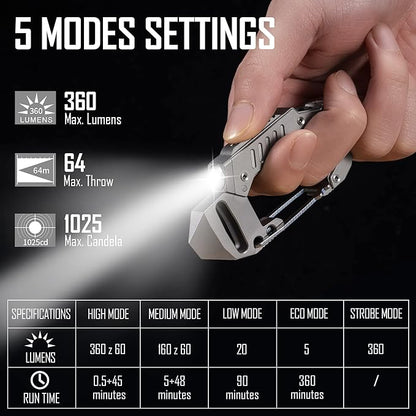 KeyUnity KF02 Titanium Multitool Carabiner Clip, 7 in 1 Multifunctional Keychain Flashlight for Camping, Hiking & Outdoor Activities