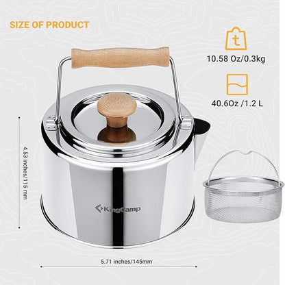 KingCamp 1.2L Camping Kettle Camp Tea Coffee Pot Large Outdoor Hiking Portable 1.27 Quart Camping Tea Kettle I 304 Stainless Steel
