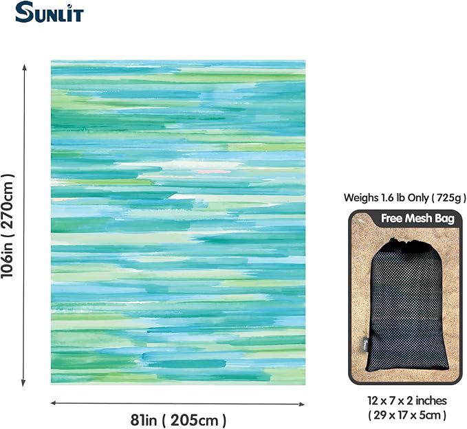 Sunlit Soft 106"x81" Sand Proof Beach Blanket Sand Free Beach Mat with Corner Pocket and Mesh Bag for Beach Party Travel Camping and Outdoor Music Festival, Watercolor Painting Ombre Green