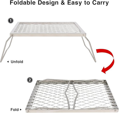 REDCAMP Folding Stainless Campfire Grill Heavy Duty Steel Grate, Portable Camp Fire Cooking Racks for Over Fire Pit